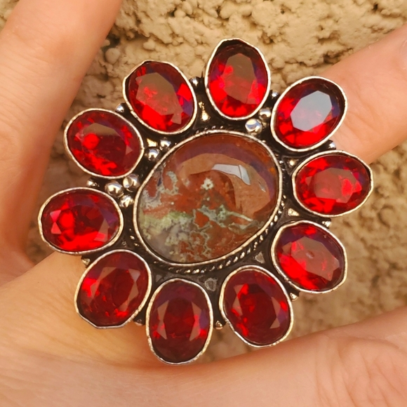 New Oversized Seam Agate and Garnet 925 Silver Statement Ring. - Picture 14 of 16